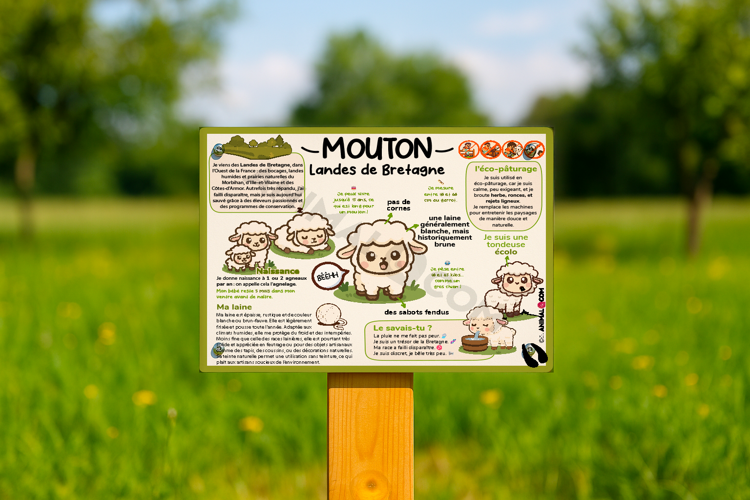 visuel d'un panneau pédagogique ludique sur le mouton Landes de Bretagne