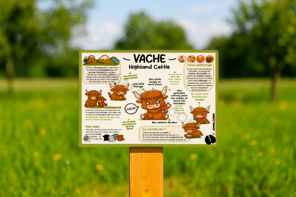 visuel d'un panneau pédagogique ludique sur la vache highland cattle