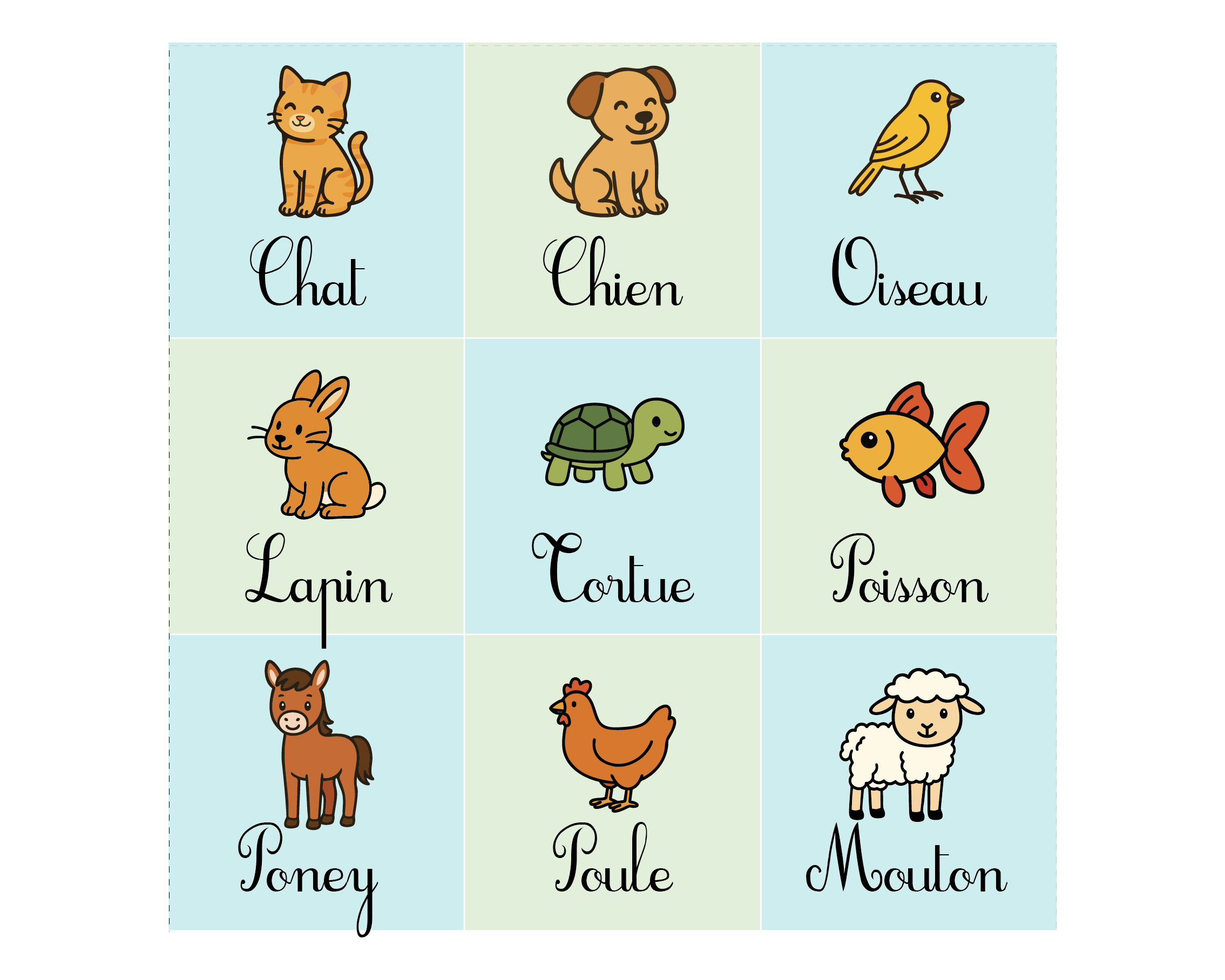 planche de jeu le bingo des animaux domestiques