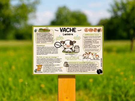 visuel d'un panneau pédagogique ludique sur la vache laitière
