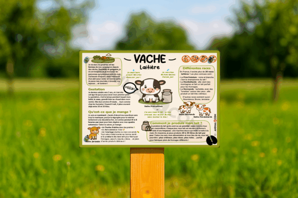 visuel d'un panneau pédagogique ludique sur la vache laitière