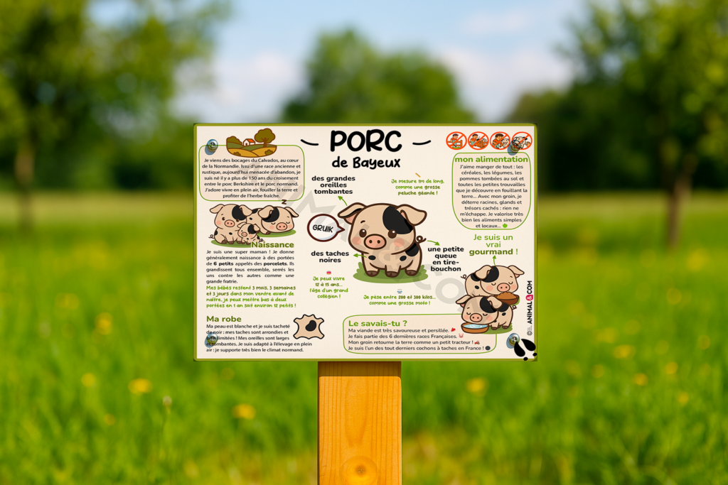 visuel d'un panneau pédagogique ludique sur le porc de bayeux