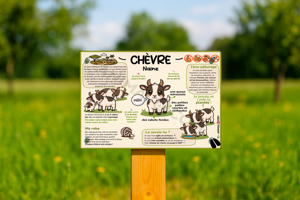 visuel d'un panneau pédagogique ludique sur la chèvre naine